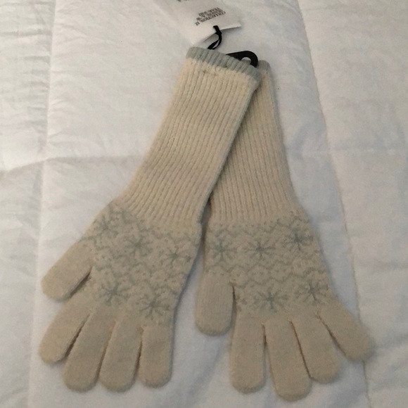 Zara Jacquard Knit White Long Gloves Pale Blue Snowflake Pattern Size S NWT - Picture 2 of 16